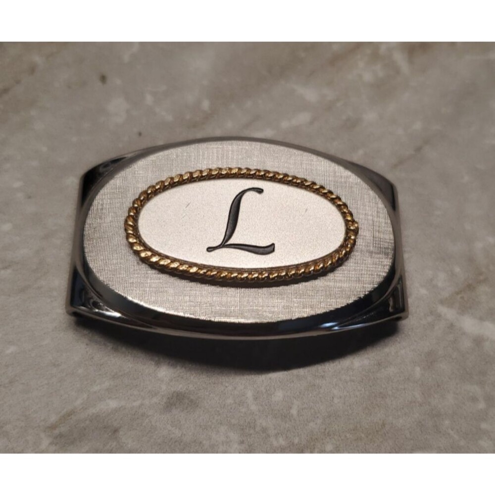 Monogram Letter L Belt Buckle Silver Metal Gold Rope Swank Vintage Small
